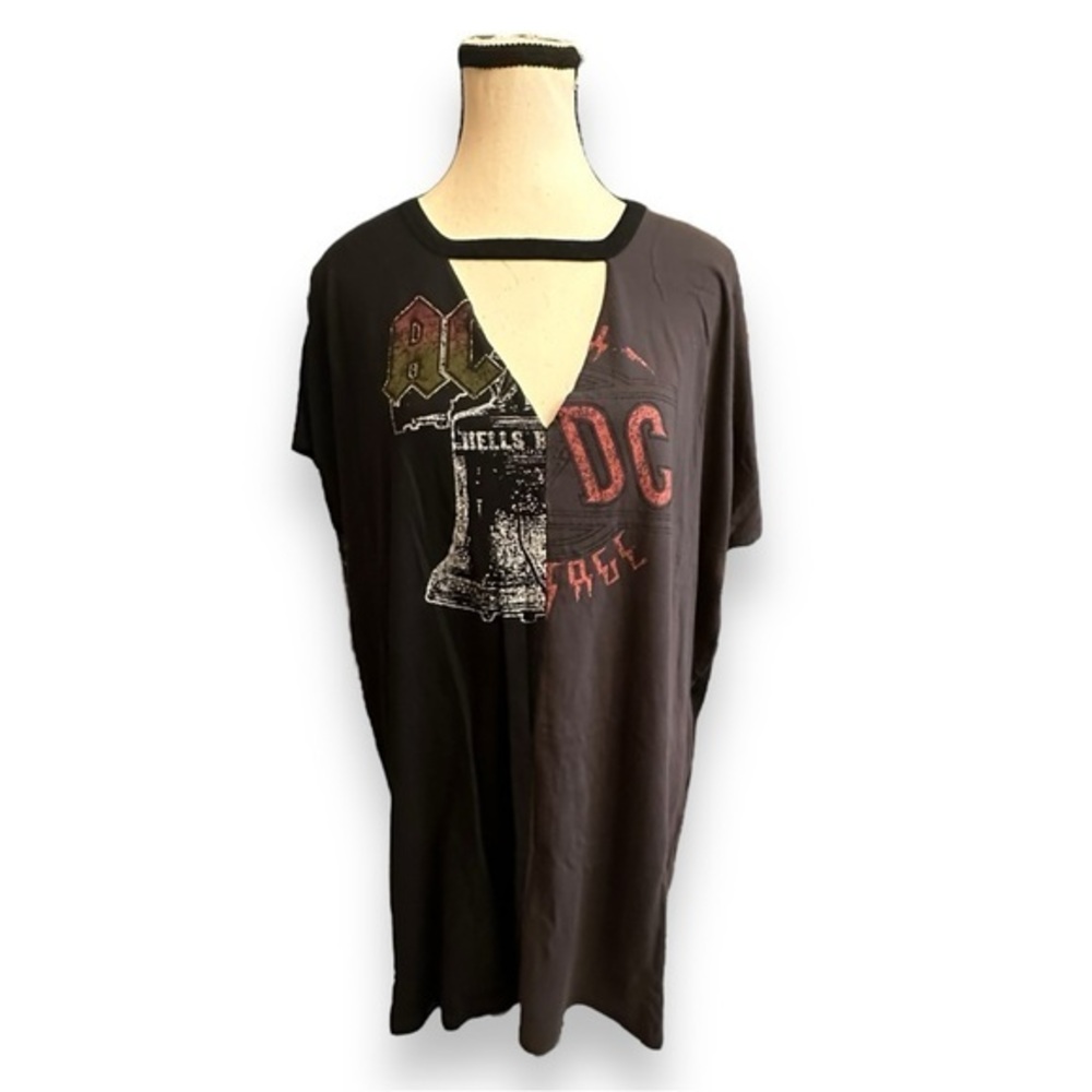 Women’s XL AC/DC Hells Bells High Voltage Split Slash V Neck Shirt Dress 14 16